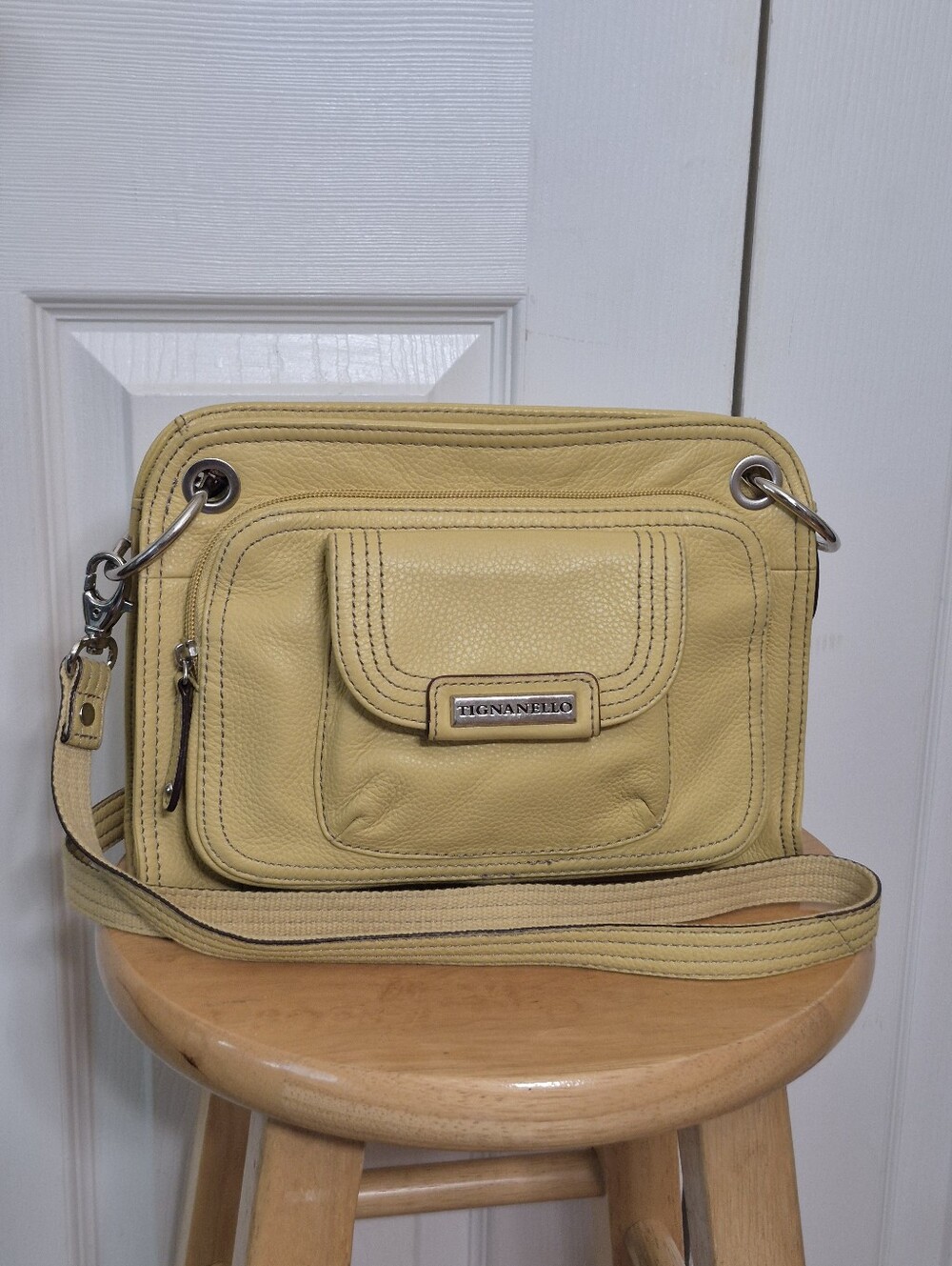 Tignanello soft pale yellow leather crossbody organizer message bag